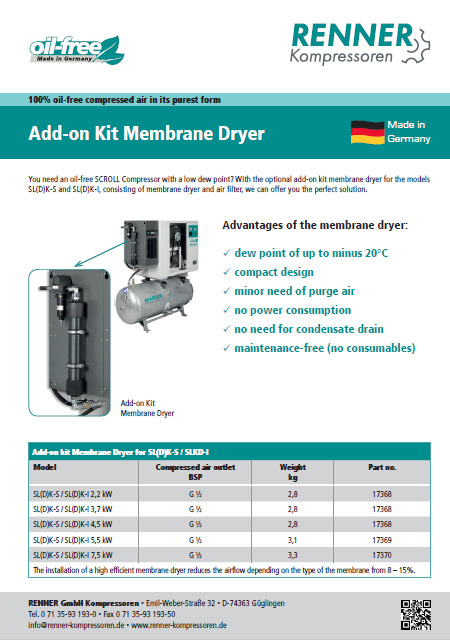 Renner Add-ON Kit Membrane Dryer мембранен изсушител за безмален винтов компресор