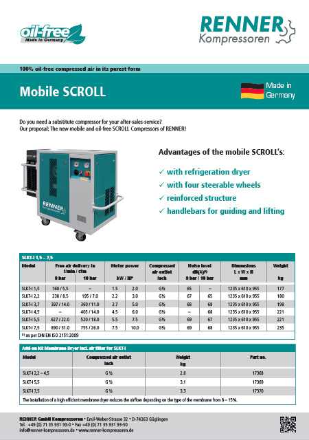 Renner Mobile SCROLL мобилен безмаслен винтов компресор
